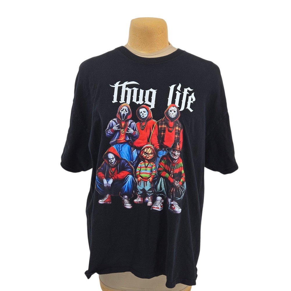 Gildan Thug Life T-Shirt Mens 2XL Horror Movie Characters Graphic Black Tee